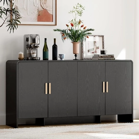 60" Sideboard Buffet Cabinet with Storage, Curved Design Farmhouse Coffee Bar Cabinet with 4 Doors & Adjustable Shelves for Living Room, Kitchen, Hallway, Black