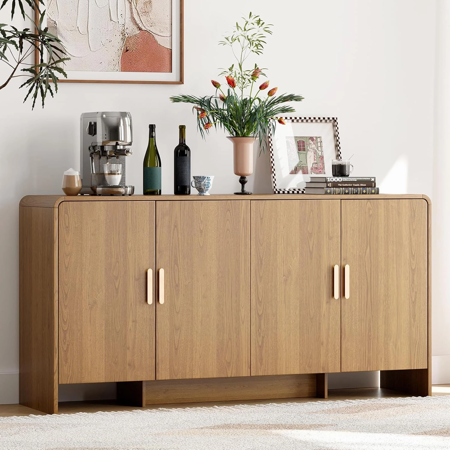 60" Sideboard Buffet Cabinet with Storage, Curved Design Farmhouse Coffee Bar Cabinet with 4 Doors & Adjustable Shelves for Living Room, Kitchen, Hallway, Oak