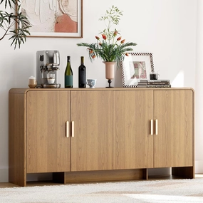 60" Sideboard Buffet Cabinet with Storage, Curved Design Farmhouse Coffee Bar Cabinet with 4 Doors & Adjustable Shelves for Living Room, Kitchen, Hallway, Oak