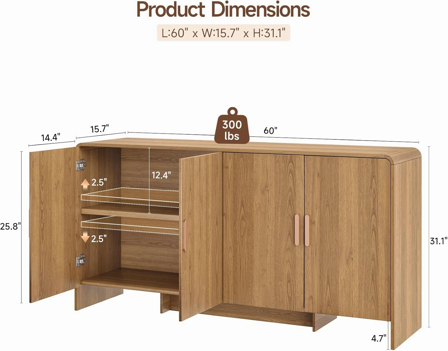 60" Sideboard Buffet Cabinet with Storage, Curved Design Farmhouse Coffee Bar Cabinet with 4 Doors & Adjustable Shelves for Living Room, Kitchen, Hallway, Oak