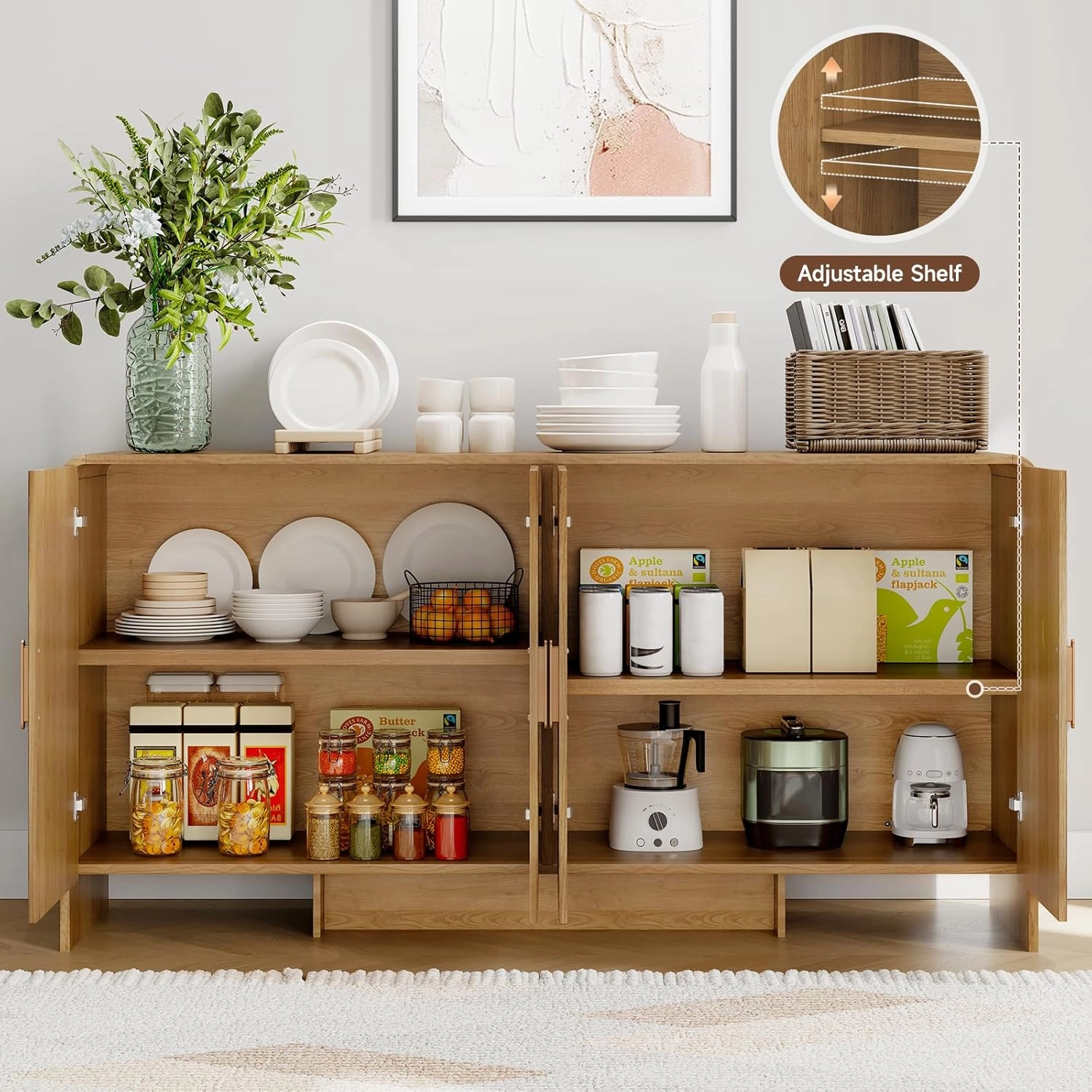 60" Sideboard Buffet Cabinet with Storage, Curved Design Farmhouse Coffee Bar Cabinet with 4 Doors & Adjustable Shelves for Living Room, Kitchen, Hallway, Oak