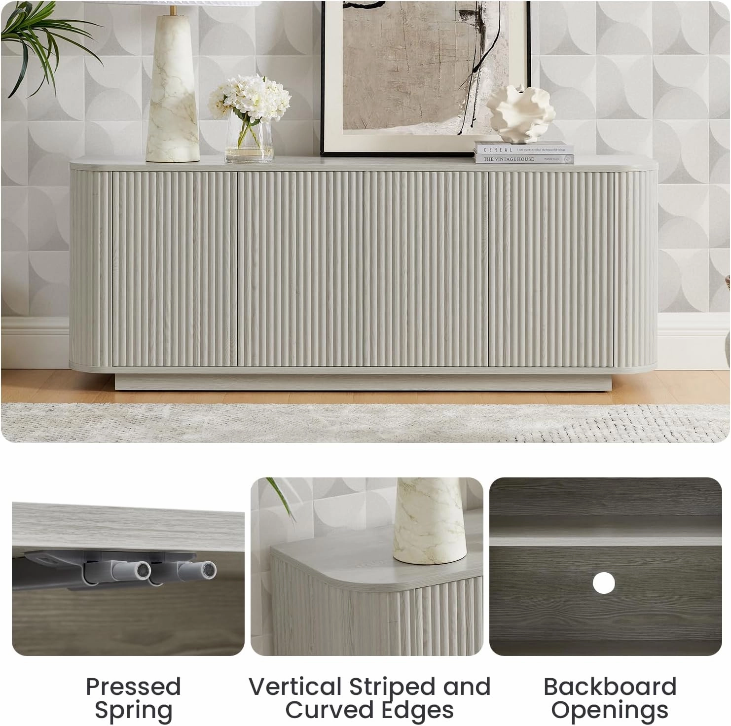 64" Sideboard Buffet Cabinet with Storage, Wooden Fluted Storage Cabinet Sideboard with Adjustable Shelves Pressed Spring for Kitchen Living Room (Gray)