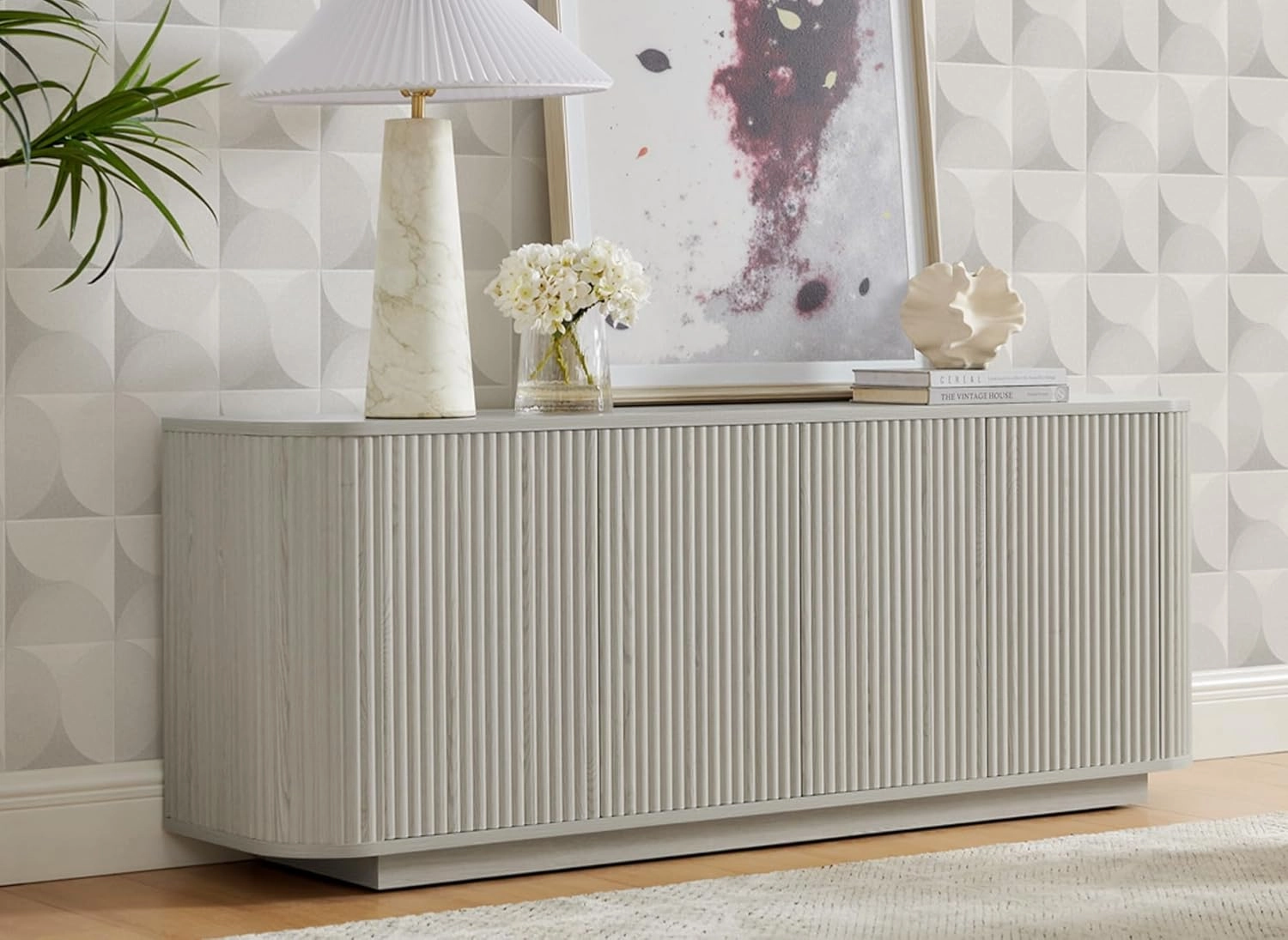 64" Sideboard Buffet Cabinet with Storage, Wooden Fluted Storage Cabinet Sideboard with Adjustable Shelves Pressed Spring for Kitchen Living Room (Gray)