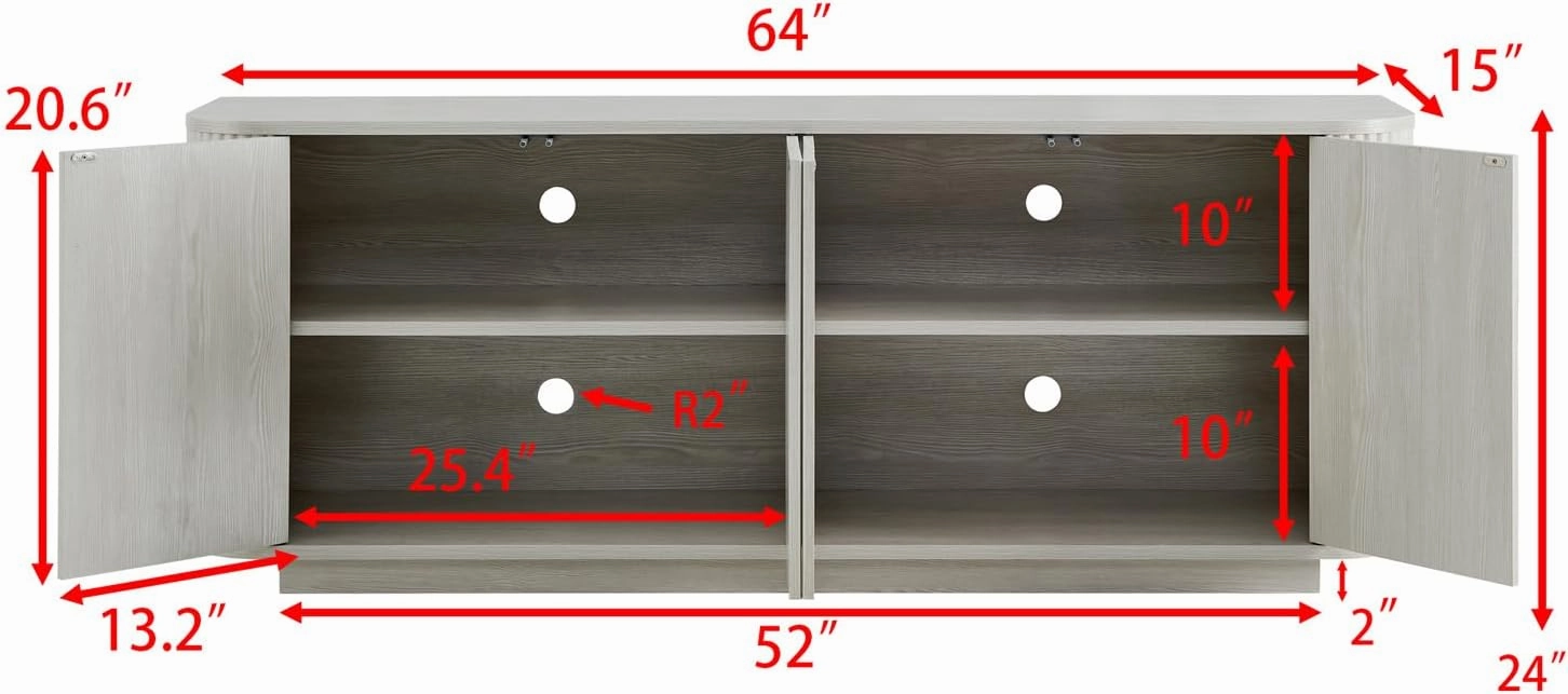 64" Sideboard Buffet Cabinet with Storage, Wooden Fluted Storage Cabinet Sideboard with Adjustable Shelves Pressed Spring for Kitchen Living Room (Gray)