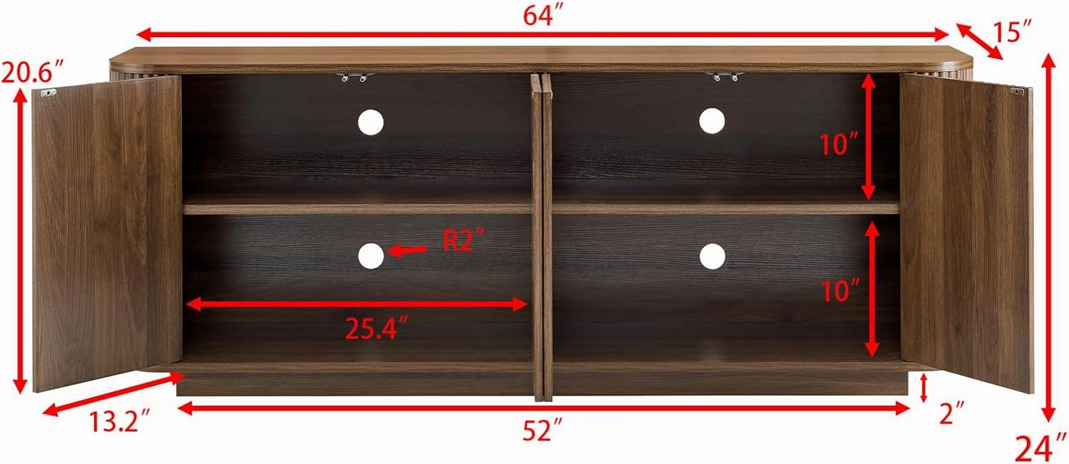 64" Sideboard Buffet Cabinet with Storage, Wooden Fluted Storage Cabinet Sideboard with Adjustable Shelves Pressed Spring for Kitchen Living Room (Walnut)