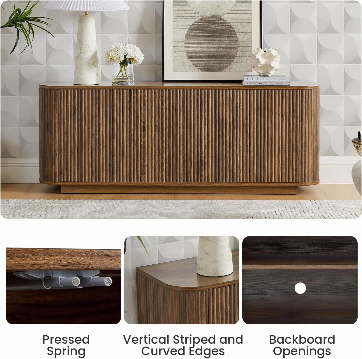 64" Sideboard Buffet Cabinet with Storage, Wooden Fluted Storage Cabinet Sideboard with Adjustable Shelves Pressed Spring for Kitchen Living Room (Walnut)