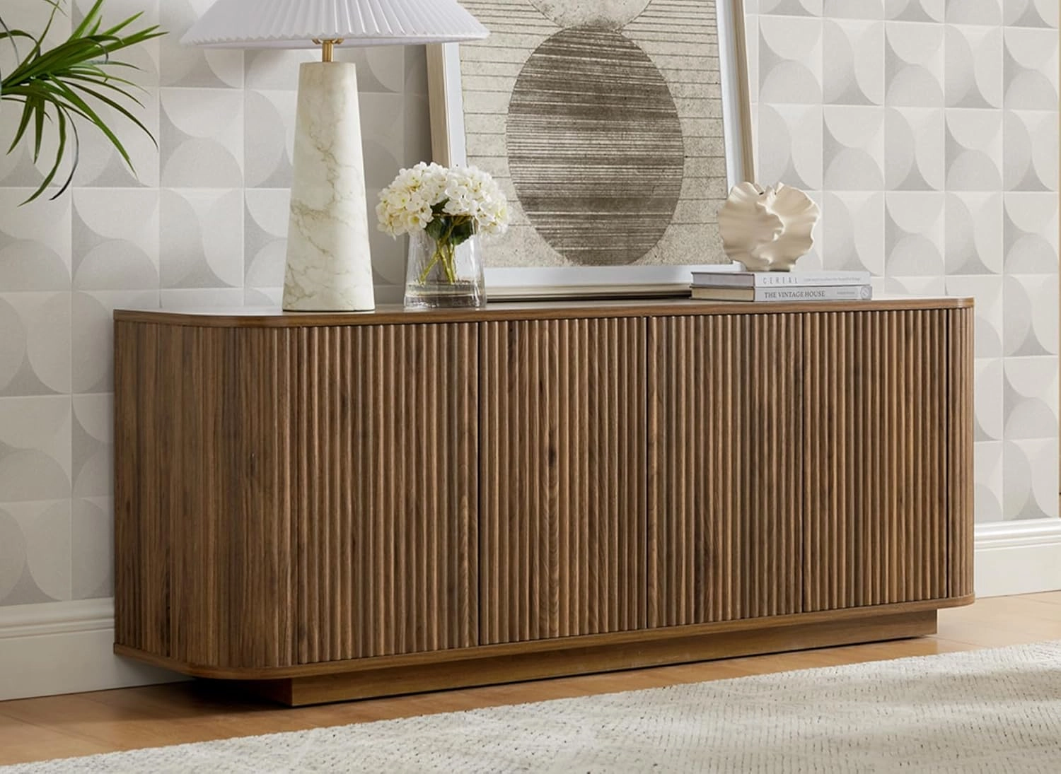 64" Sideboard Buffet Cabinet with Storage, Wooden Fluted Storage Cabinet Sideboard with Adjustable Shelves Pressed Spring for Kitchen Living Room (Walnut)