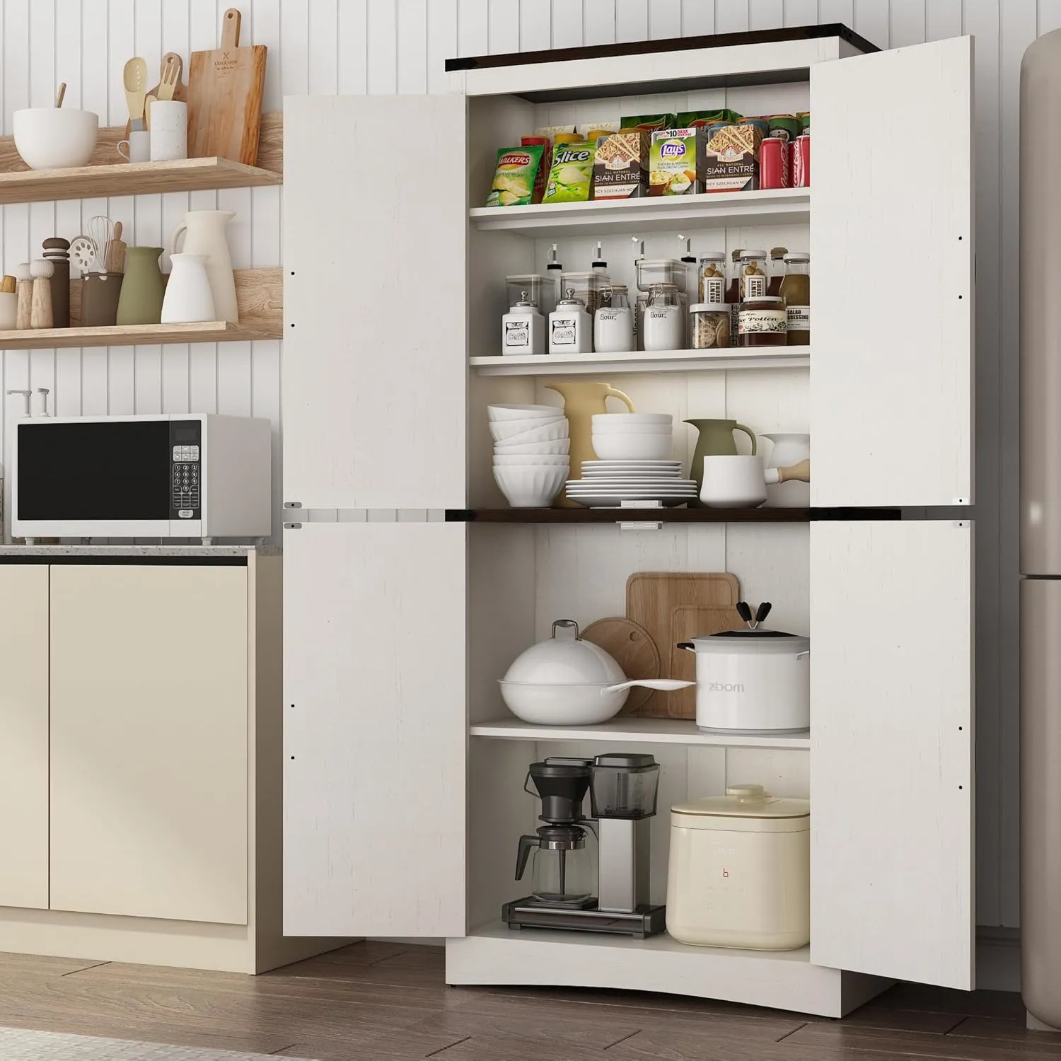 71in Farmhouse Kitchen Pantry Cabinet,Tall Storage Cabinet with 4 Doors and Adjustable shelves,with Load-Bearing Steel Pipe,Wood Storage Cabinets for Kitchen,Dining Room,Bathroom(White)