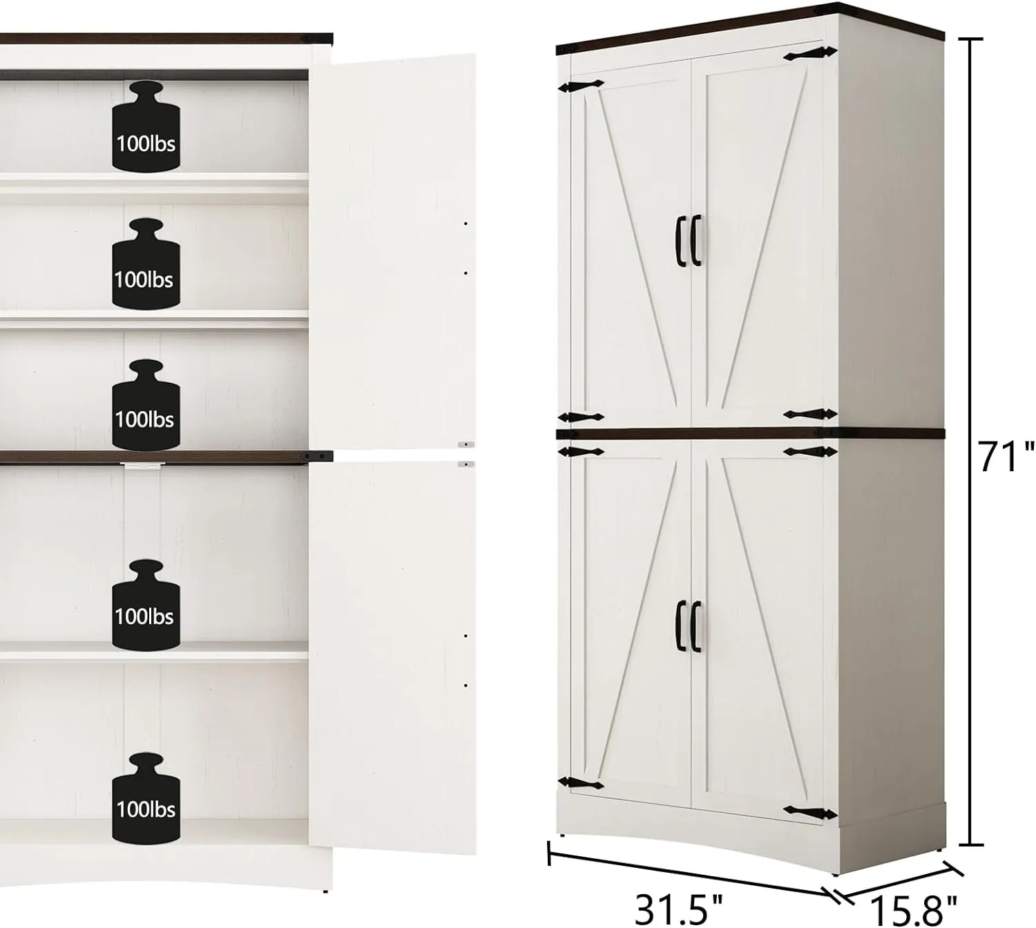 71in Farmhouse Kitchen Pantry Cabinet,Tall Storage Cabinet with 4 Doors and Adjustable shelves,with Load-Bearing Steel Pipe,Wood Storage Cabinets for Kitchen,Dining Room,Bathroom(White)