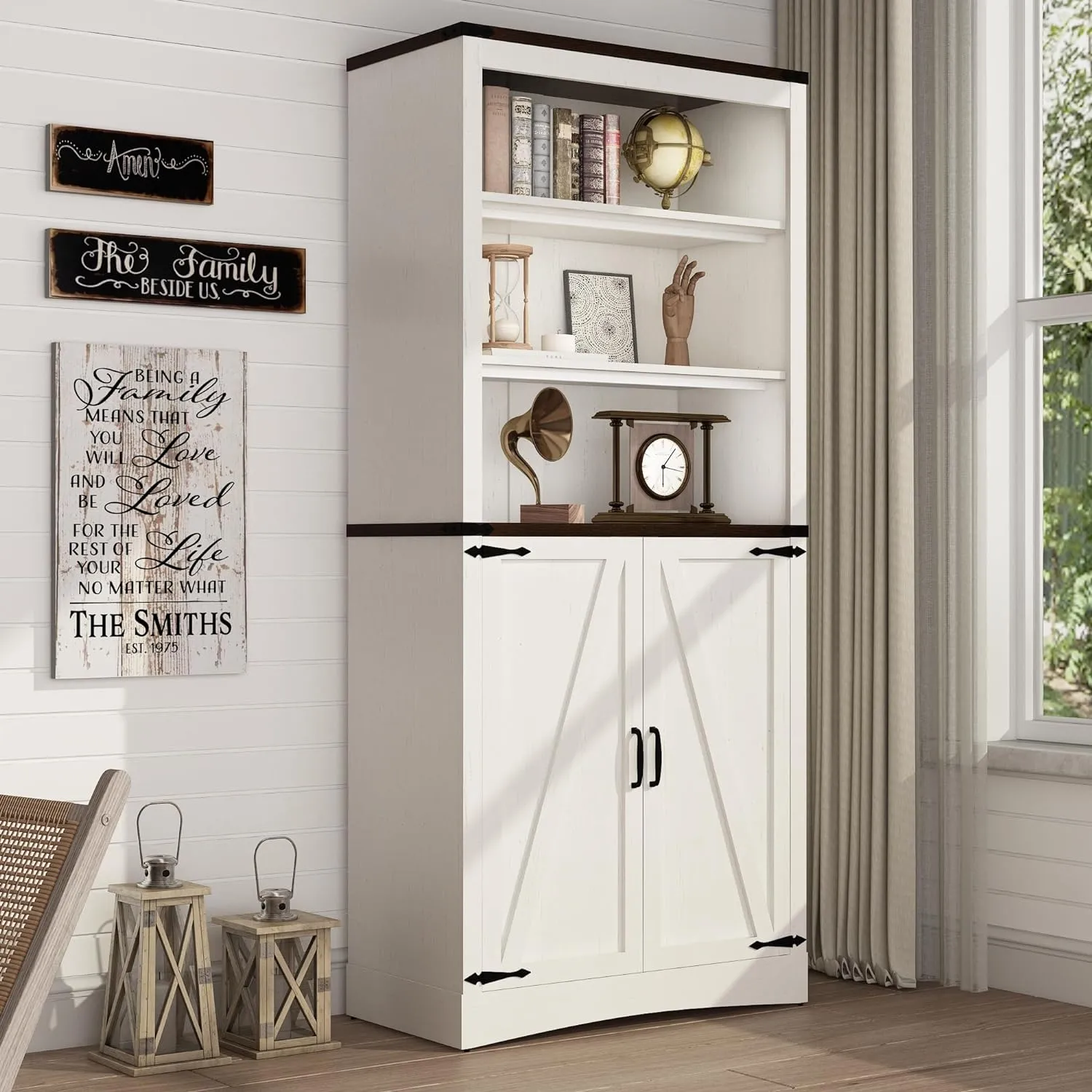 71" Tall Kitchen Pantry,Farmhouse Storage Cabinet with Adjustable Shelves,Load-Bearing Steel Pipe,Farmhouse Pantry Cabinet with 2 Barn Doors, for Kitchen,Dining Room,Bathroom(White)