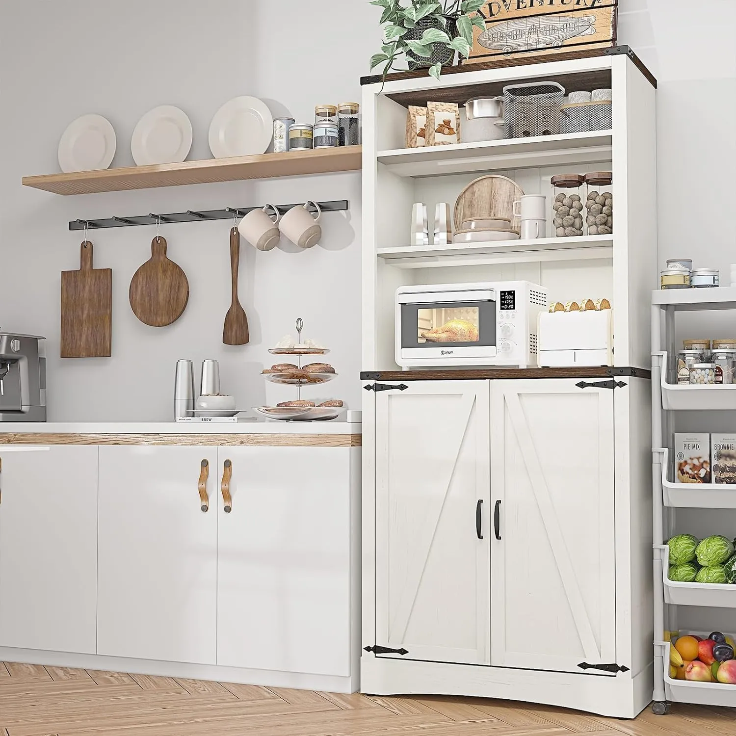 71" Tall Kitchen Pantry,Farmhouse Storage Cabinet with Adjustable Shelves,Load-Bearing Steel Pipe,Farmhouse Pantry Cabinet with 2 Barn Doors, for Kitchen,Dining Room,Bathroom(White)
