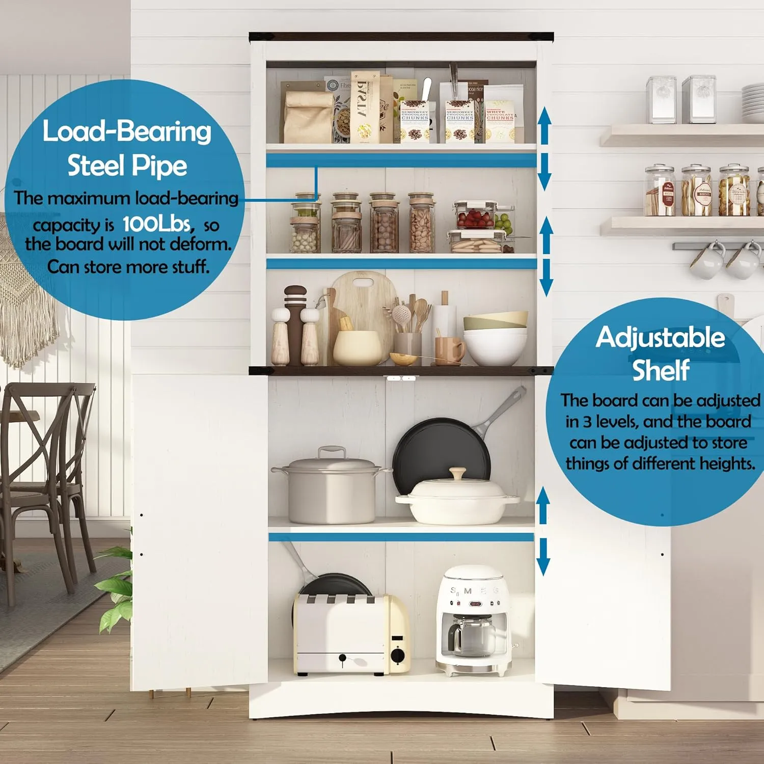 71" Tall Kitchen Pantry,Farmhouse Storage Cabinet with Adjustable Shelves,Load-Bearing Steel Pipe,Farmhouse Pantry Cabinet with 2 Barn Doors, for Kitchen,Dining Room,Bathroom(White)