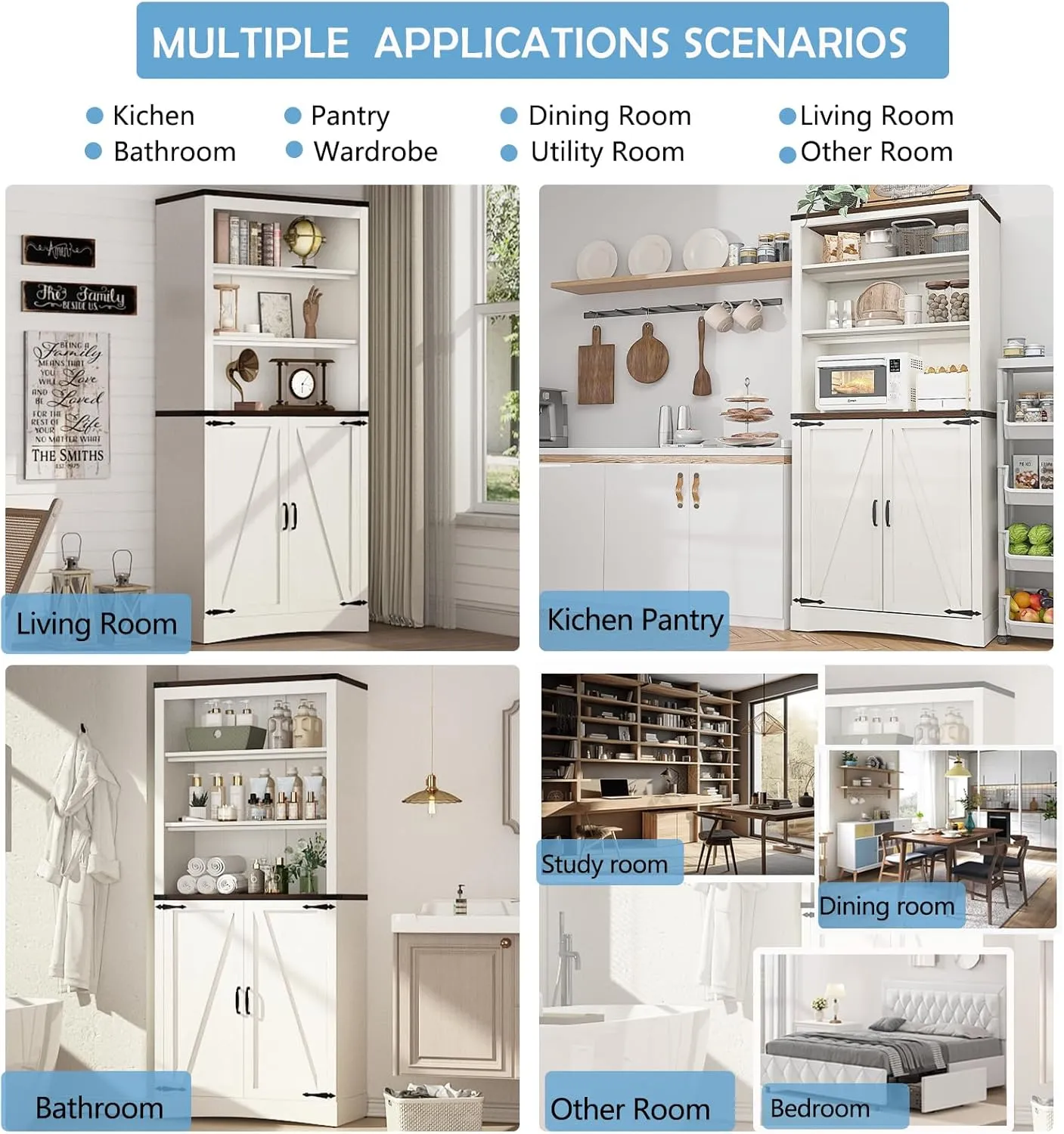 71" Tall Kitchen Pantry,Farmhouse Storage Cabinet with Adjustable Shelves,Load-Bearing Steel Pipe,Farmhouse Pantry Cabinet with 2 Barn Doors, for Kitchen,Dining Room,Bathroom(White)