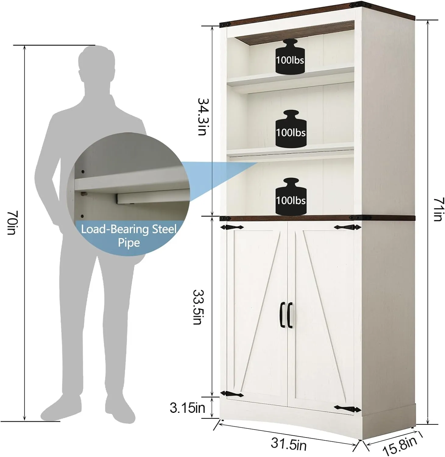 71" Tall Kitchen Pantry,Farmhouse Storage Cabinet with Adjustable Shelves,Load-Bearing Steel Pipe,Farmhouse Pantry Cabinet with 2 Barn Doors, for Kitchen,Dining Room,Bathroom(White)