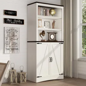 71" Tall Kitchen Pantry,Farmhouse Storage Cabinet with Adjustable Shelves,Load-Bearing Steel Pipe,Farmhouse Pantry Cabinet with 2 Barn Doors, for Kitchen,Dining Room,Bathroom(White)