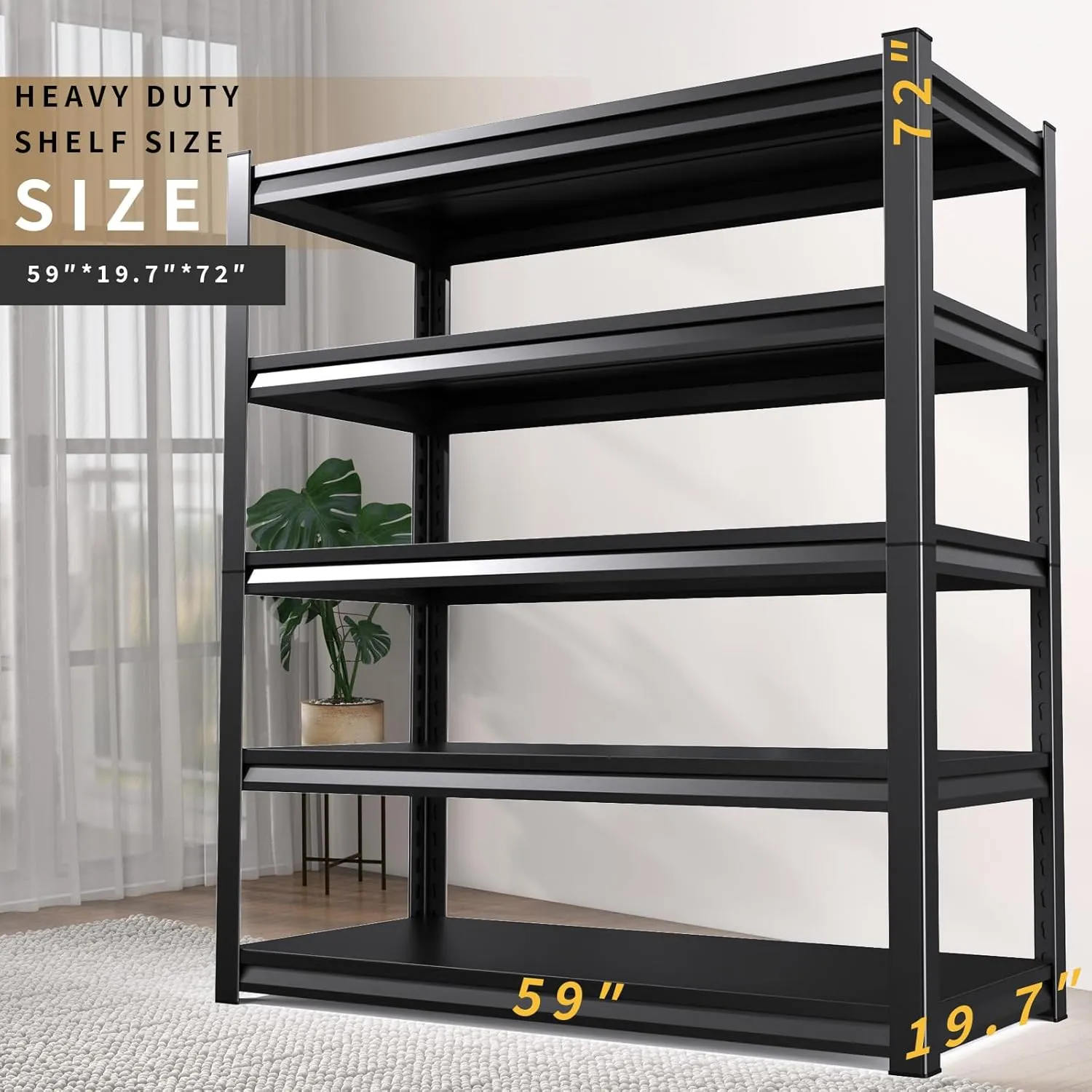 72" H Garage Shelving Heavy Duty, 5 Tier Adjustable Storage Shelves, 3000LBS Metal Shelving Unit,Utility Shelf Storage Rack for Basement,Warehouse, Black,(72" H x 59.06" D x 19.67" W)