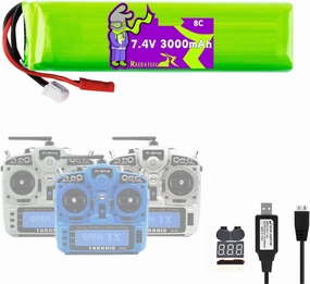 7.4V 3000mAh 8C Lipo JST Plug Battery for FrSky X9D Plus Receiver/Transmitter with 2S USB Charger,Voltage Alarm Tester