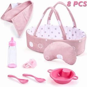 8 Pcs Baby Doll Accessories Set Includes Feeding Bottle, Pacifier, Blanket, Pillow, Tablewares and Bassinet Carrier for 9'' to 12'' Dolls