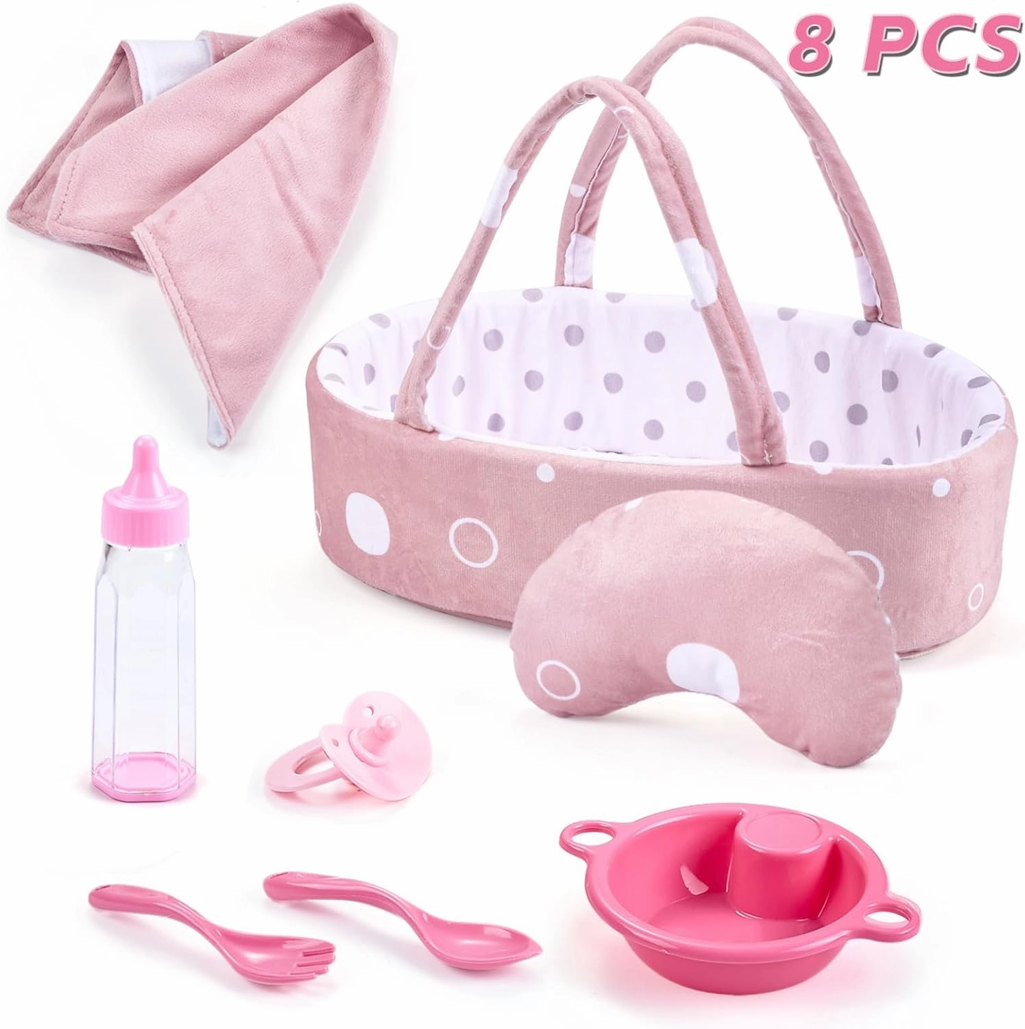 8 Pcs Baby Doll Accessories Set Includes Feeding Bottle, Pacifier, Blanket, Pillow, Tablewares and Bassinet Carrier for 9'' to 12'' Dolls