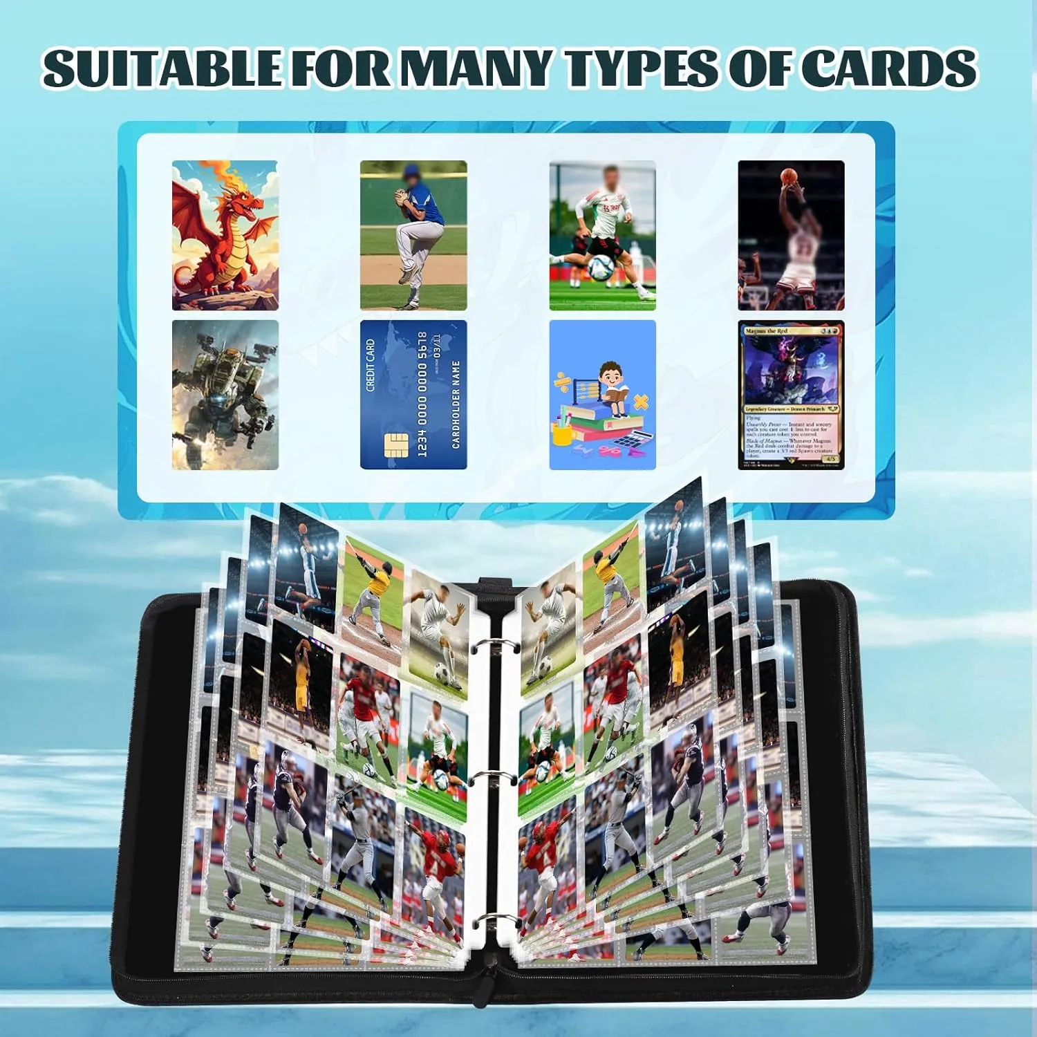 900 Pockets Baseball Card Binder for Soccer Trading Cards,Portable Waterproof Storage Bag with Removable Sleeves for Sports TCG Cards Collectors