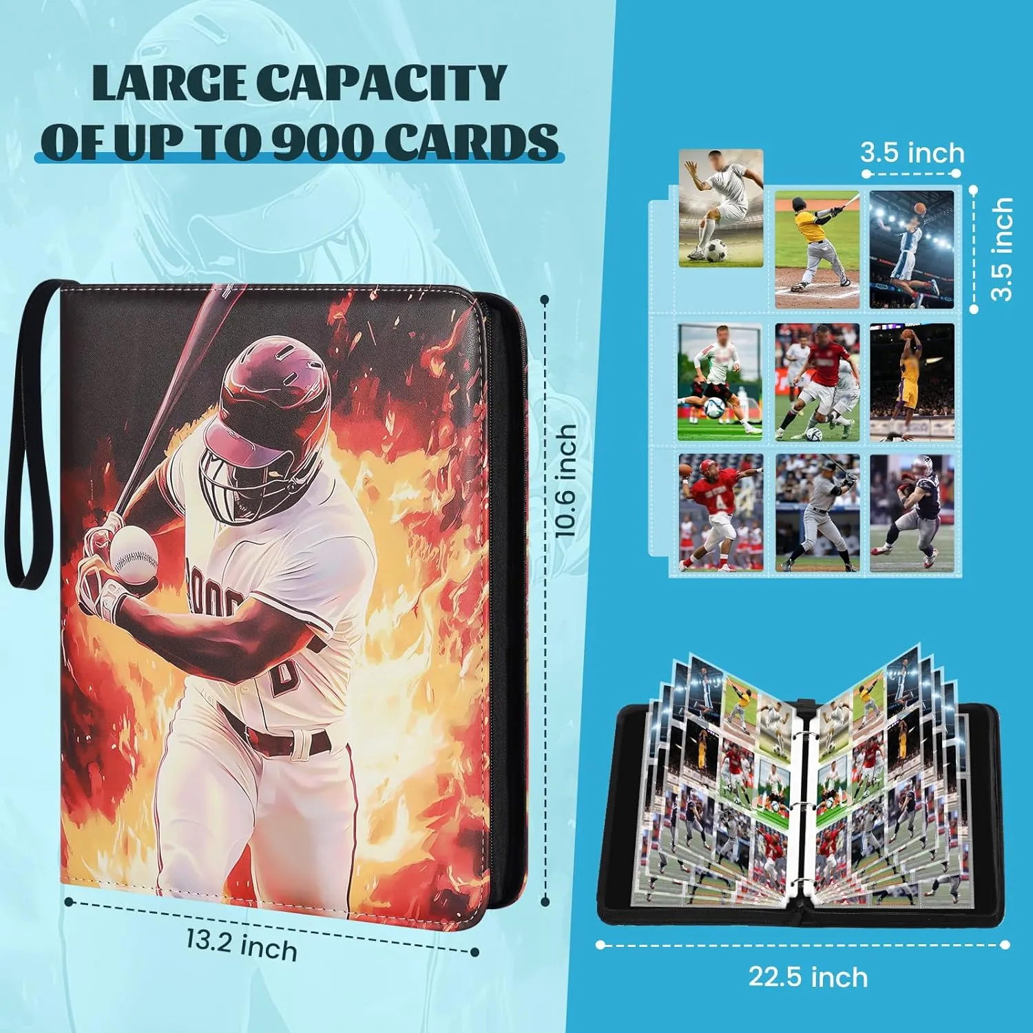 900 Pockets Baseball Card Binder for Soccer Trading Cards,Portable Waterproof Storage Bag with Removable Sleeves for Sports TCG Cards Collectors