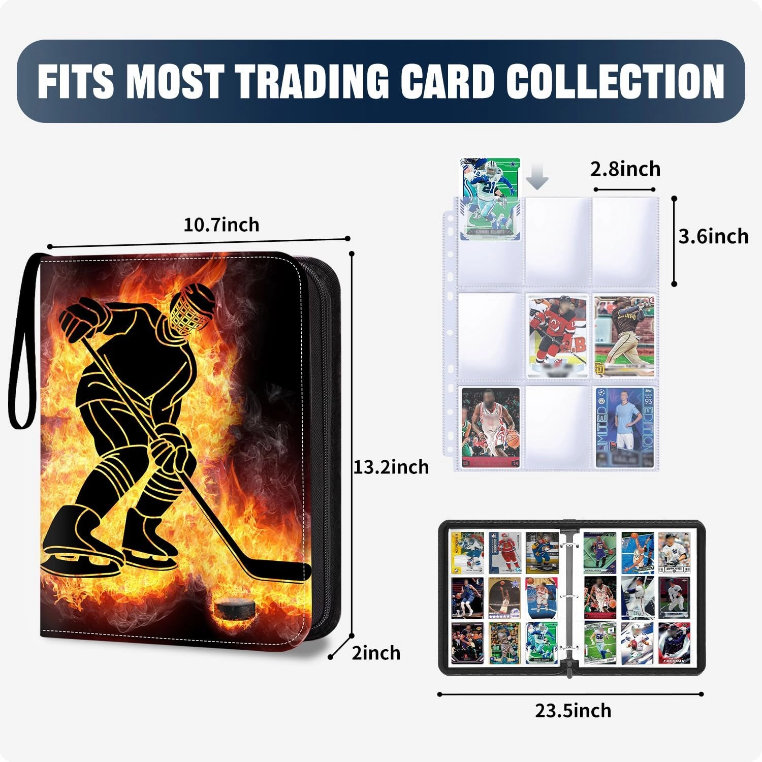 900 Pockets Hockey Card Binder with Zipper, 9 Pocket Trading Card Binder with 50 Binder Card Sleeves, Card Collection Binder for Trading & Sports Cards