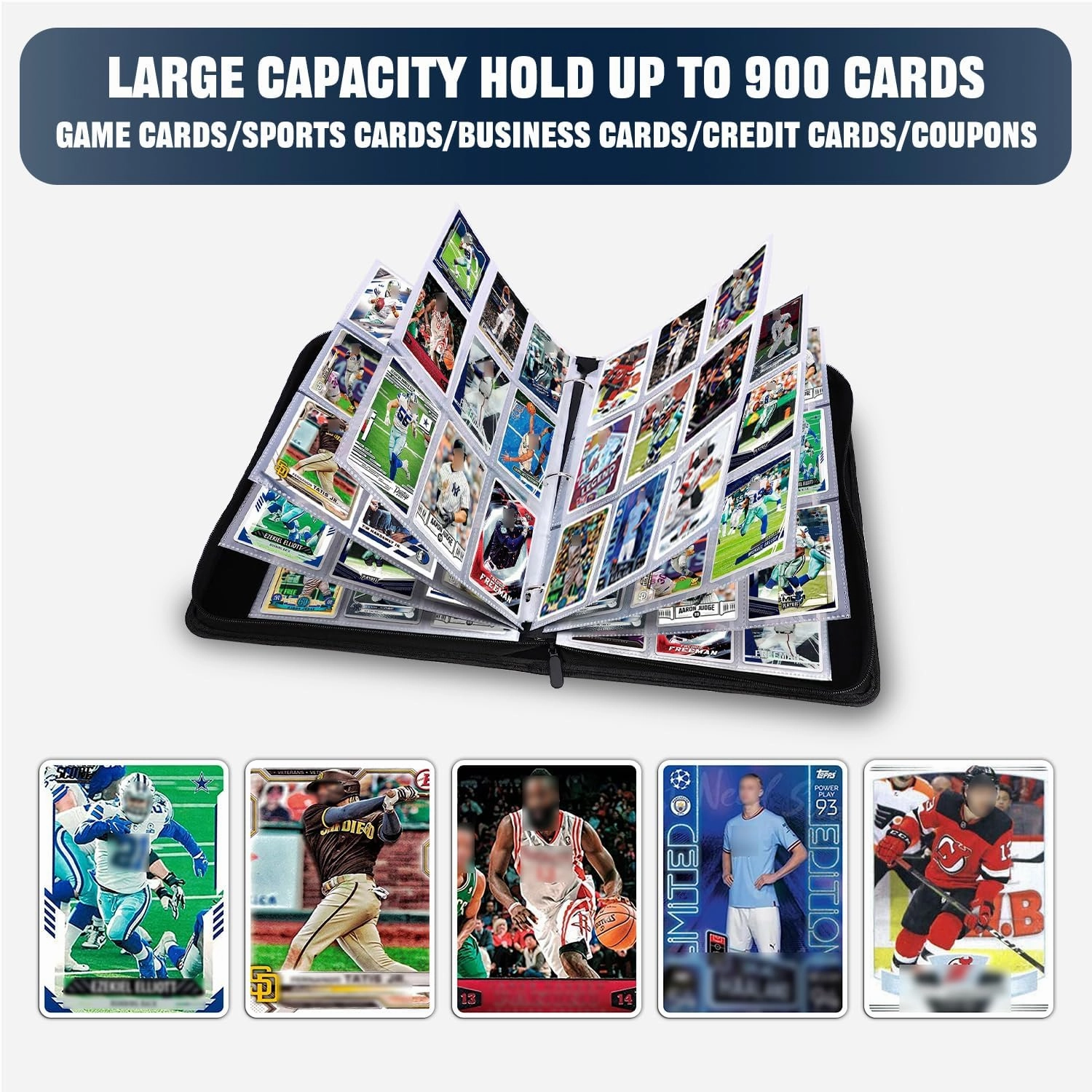 900 Pockets Hockey Card Binder with Zipper, 9 Pocket Trading Card Binder with 50 Binder Card Sleeves, Card Collection Binder for Trading & Sports Cards