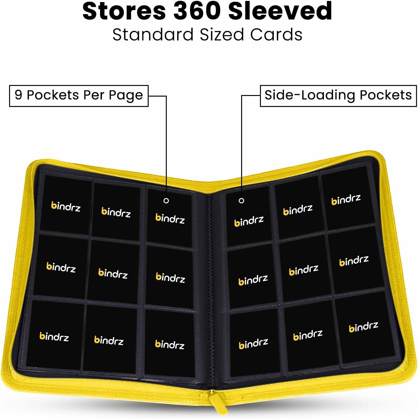 9 Pocket Zipper Binder for 360 Sleeved Trading Cards - Side Loading Pockets Album - Archival Safe Material and Compatible with TCG MTG and Sports Collectibles (Yellow)