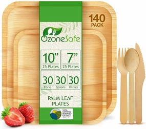 (140 pcs Palm Leaf Plate Set – 25 each of 10 and 7-inch square plates, with 30 forks, 30 spoons and 30 knives - Heavy duty & Compostable - Natural Alternative to Bamboo plates