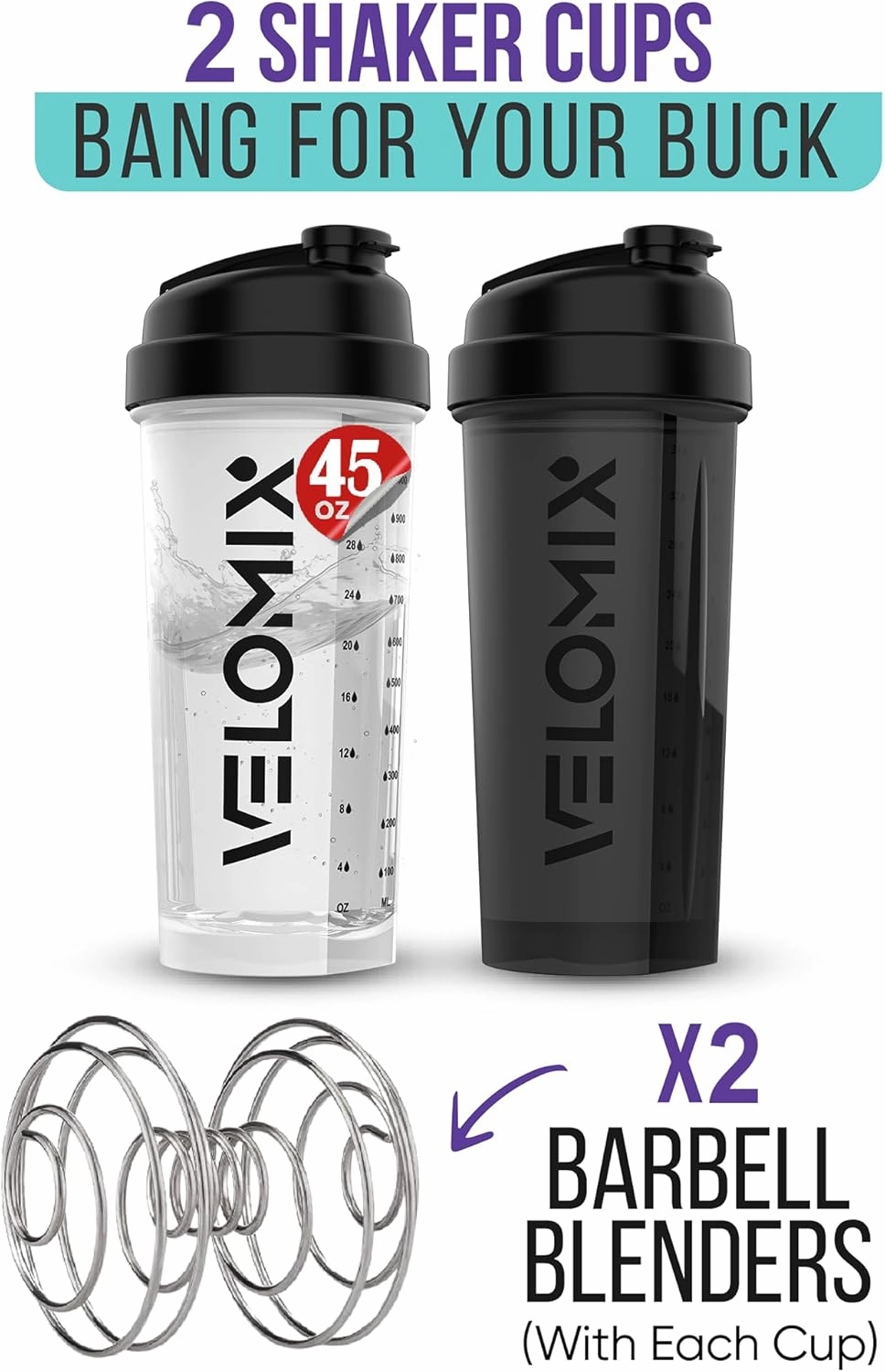 -2 Pack- 45 oz Protein Shaker Bottles for Protein Mixes - 2x Wire Whisk | Leak Proof Shaker Cups for Protein Shakes | Protein Shaker Bottle Pack | Shakers for Protein Shakes-Black&Transparent