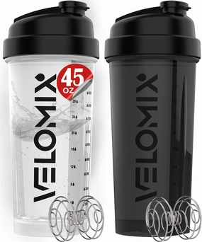 -2 Pack- 45 oz Protein Shaker Bottles for Protein Mixes - 2x Wire Whisk | Leak Proof Shaker Cups for Protein Shakes | Protein Shaker Bottle Pack | Shakers for Protein Shakes-Black&Transparent