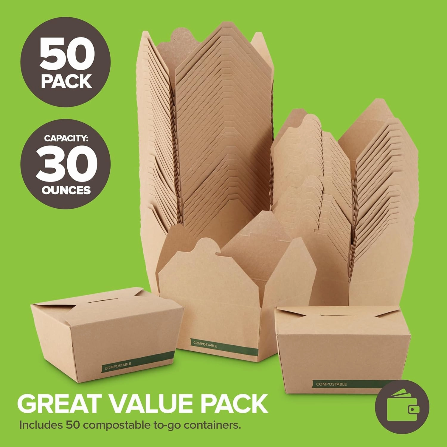 (Set of 50) 30oz Compostable Food Take Out Containers Disposable, Small Microwaveable Paper To Go Boxes, Grease Resistant Natural Kraft Cardboard Lunch Box, Takeout, Biodegradable, Eco-Friendly