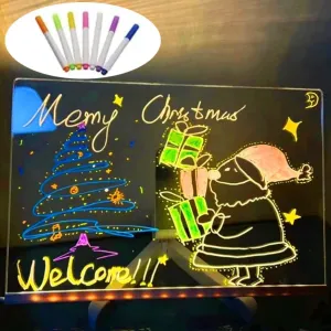 Acrylic Dry Erase Board with Light, LED Note Board with Colors, LED Acrylic Message Board, LED Drawing Board for Kids, Light Up Dry Erase Board with Stand and 7 Color Pen (20 * 20cm)