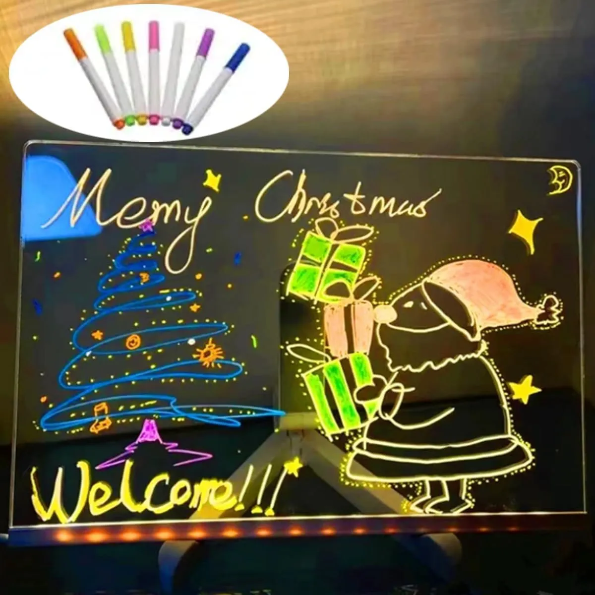 Acrylic Dry Erase Board with Light, LED Note Board with Colors, LED Acrylic Message Board, LED Drawing Board for Kids, Light Up Dry Erase Board with Stand and 7 Color Pen (20 * 20cm)