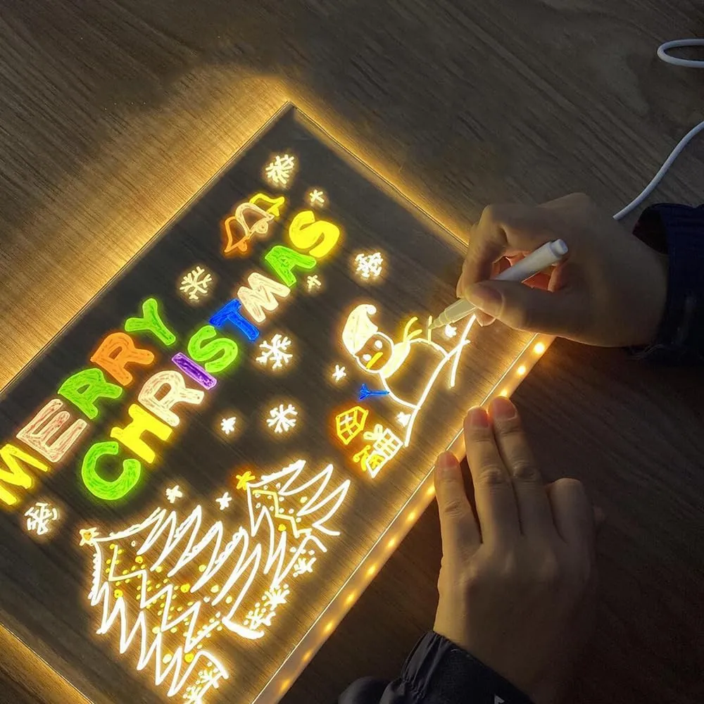 Acrylic Dry Erase Board with Light, LED Note Board with Colors, LED Acrylic Message Board, LED Drawing Board for Kids, Light Up Dry Erase Board with Stand and 7 Color Pen (20 * 20cm)