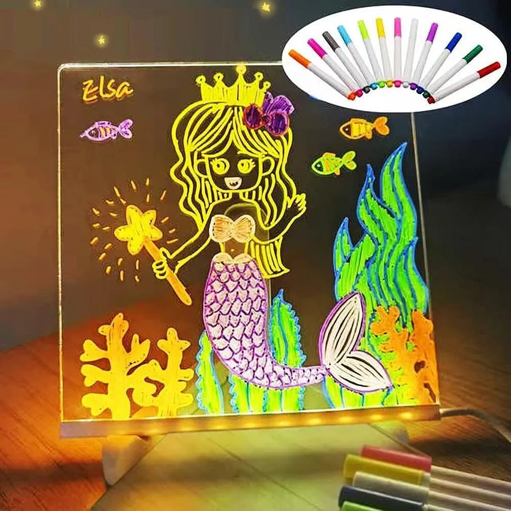 Acrylic Dry Erase Board with Light, LED Note Board with Colors, LED Acrylic Message Board, LED Drawing Board for Kids, Light Up Dry Erase Board with Stand and 7 Color Pen (20 * 20cm)