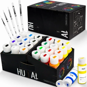 Acrylic Paint Set With 5 Brushes, 24 Colors (60ml, 2oz) for Artists Kids Beginners & Painters,Model/Canvas/Rock/Fabric/Glass/Stone/Ceramic/Wood Painting, Non Toxic