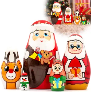 AEVVV Christmas Russian Nesting Dolls Set 5 pcs - Matryoshka Doll Holiday - Christmas Stacking Dolls - Mrs Claus Santa Nesting Dolls - Small Christmas Santa Gifts