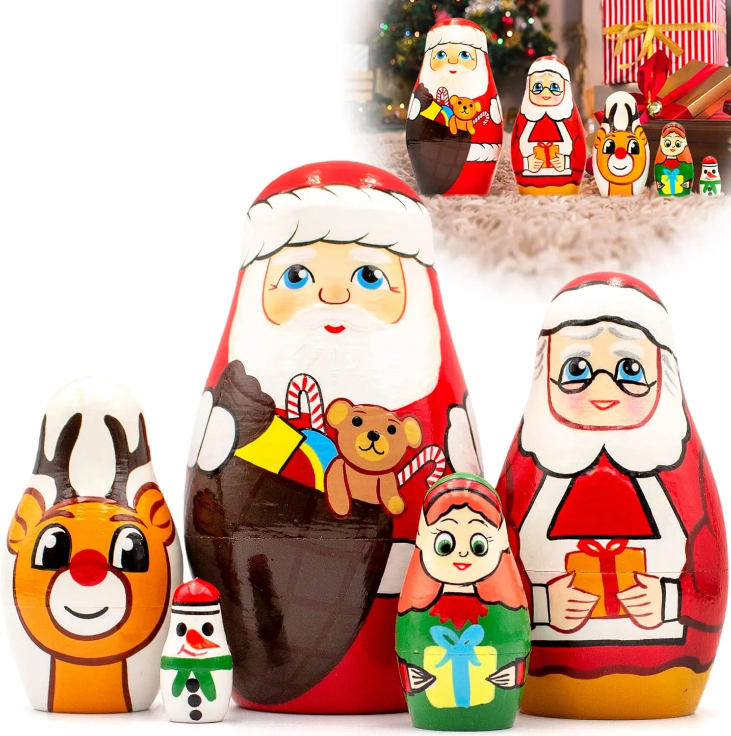 AEVVV Christmas Russian Nesting Dolls Set 5 pcs - Matryoshka Doll Holiday - Christmas Stacking Dolls - Mrs Claus Santa Nesting Dolls - Small Christmas Santa Gifts