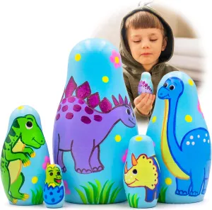 AEVVV Dinosaur Nesting Dolls Set 5 pcs - Dinosaur Russian Dolls - Wooden Dinosaur Figurines