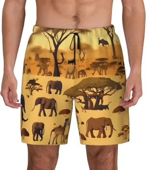 African Grassland Animals Print Men's Swim Shorts Casual Beach Board Shorts - Quick Dry Running & Workout Trunks