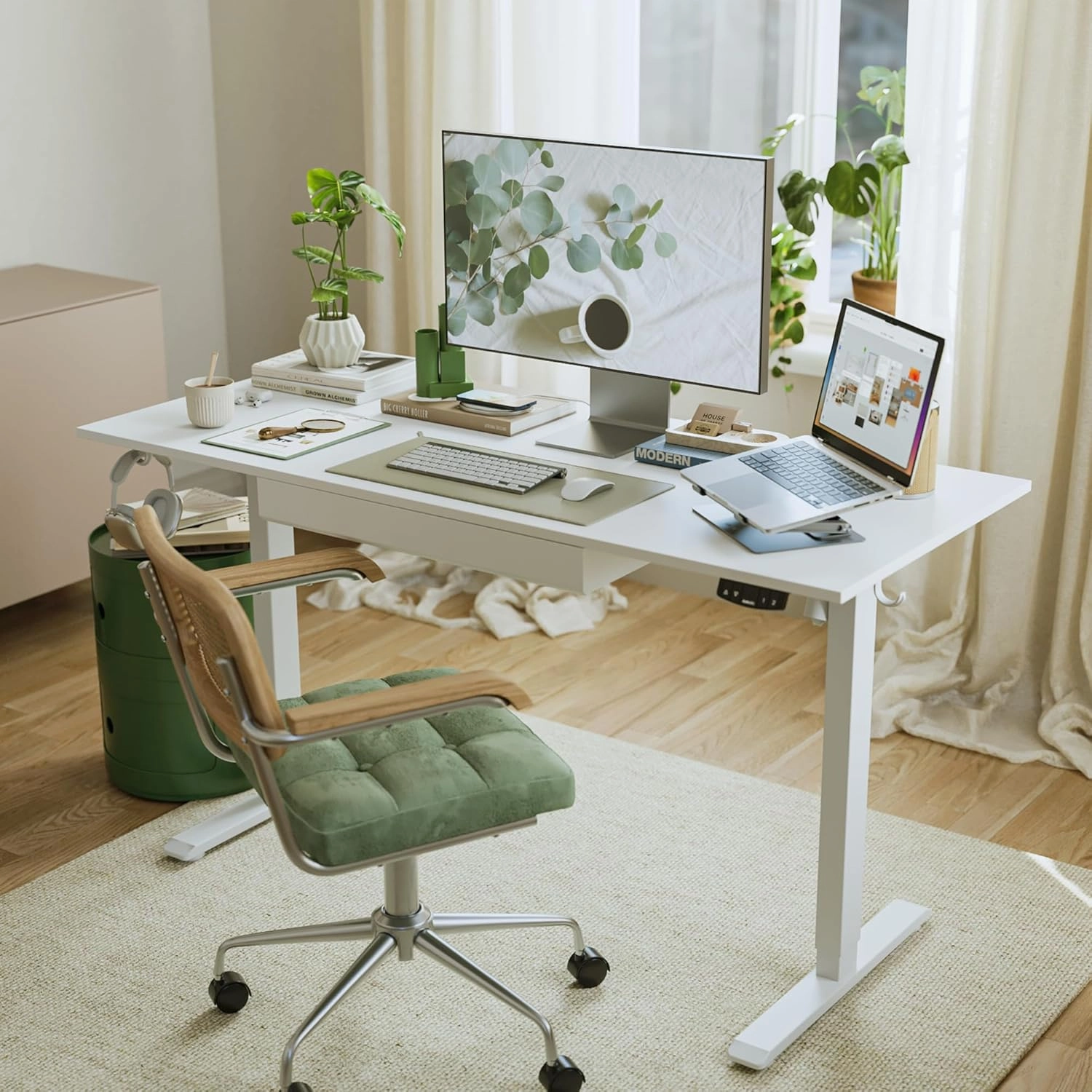 Agilestic Adjustable Height Electric Standing Desk with Storage Wooden Drawer, 48 x 24 Inches Stand Up Home Office Computer Gaming Table with Splice Board for Work Office Home, White
