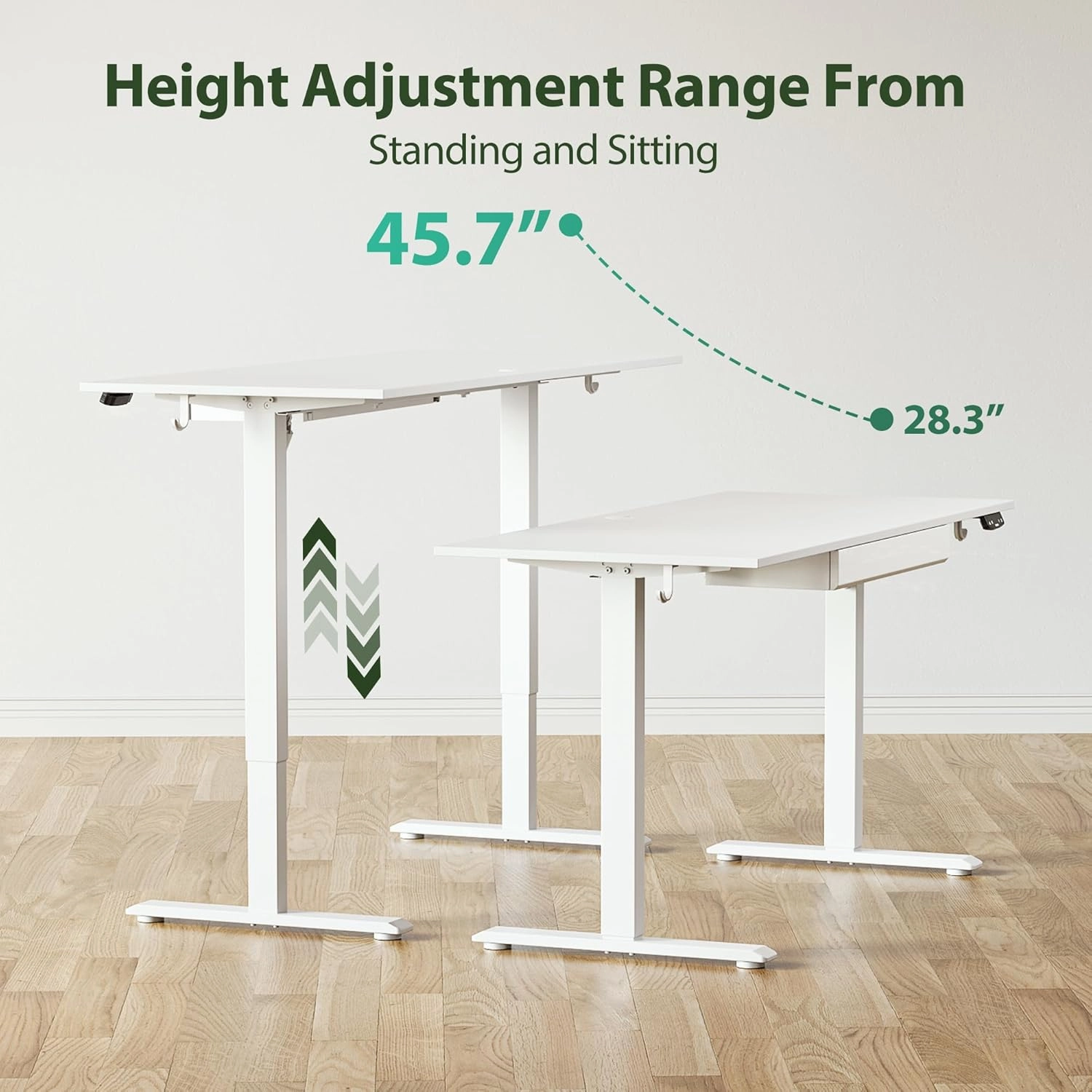 Agilestic Adjustable Height Electric Standing Desk with Storage Wooden Drawer, 48 x 24 Inches Stand Up Home Office Computer Gaming Table with Splice Board for Work Office Home, White