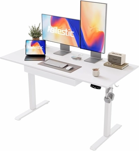 Agilestic Adjustable Height Electric Standing Desk with Storage Wooden Drawer, 48 x 24 Inches Stand Up Home Office Computer Gaming Table with Splice Board for Work Office Home, White
