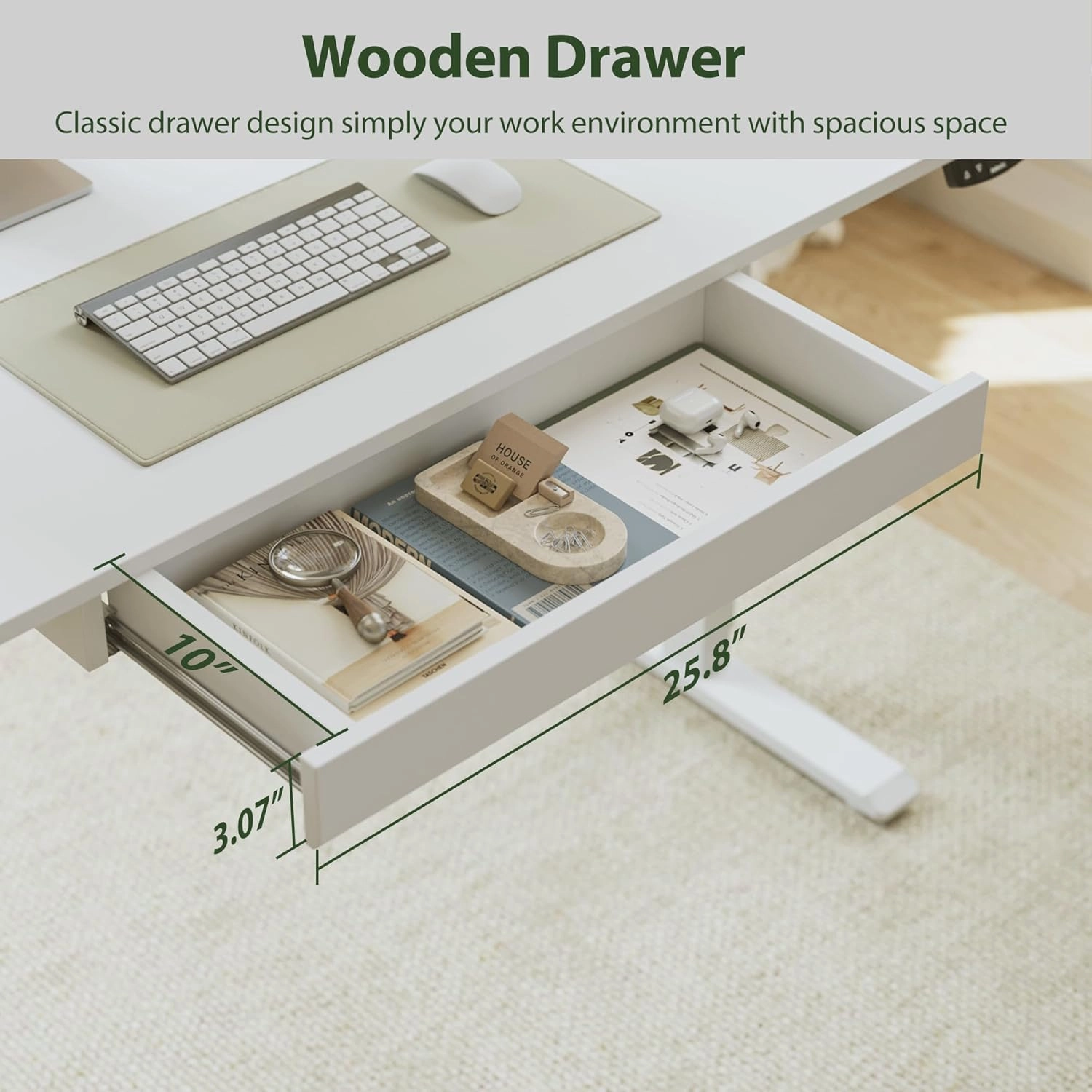 Agilestic Adjustable Height Electric Standing Desk with Storage Wooden Drawer, 48 x 24 Inches Stand Up Home Office Computer Gaming Table with Splice Board for Work Office Home, White