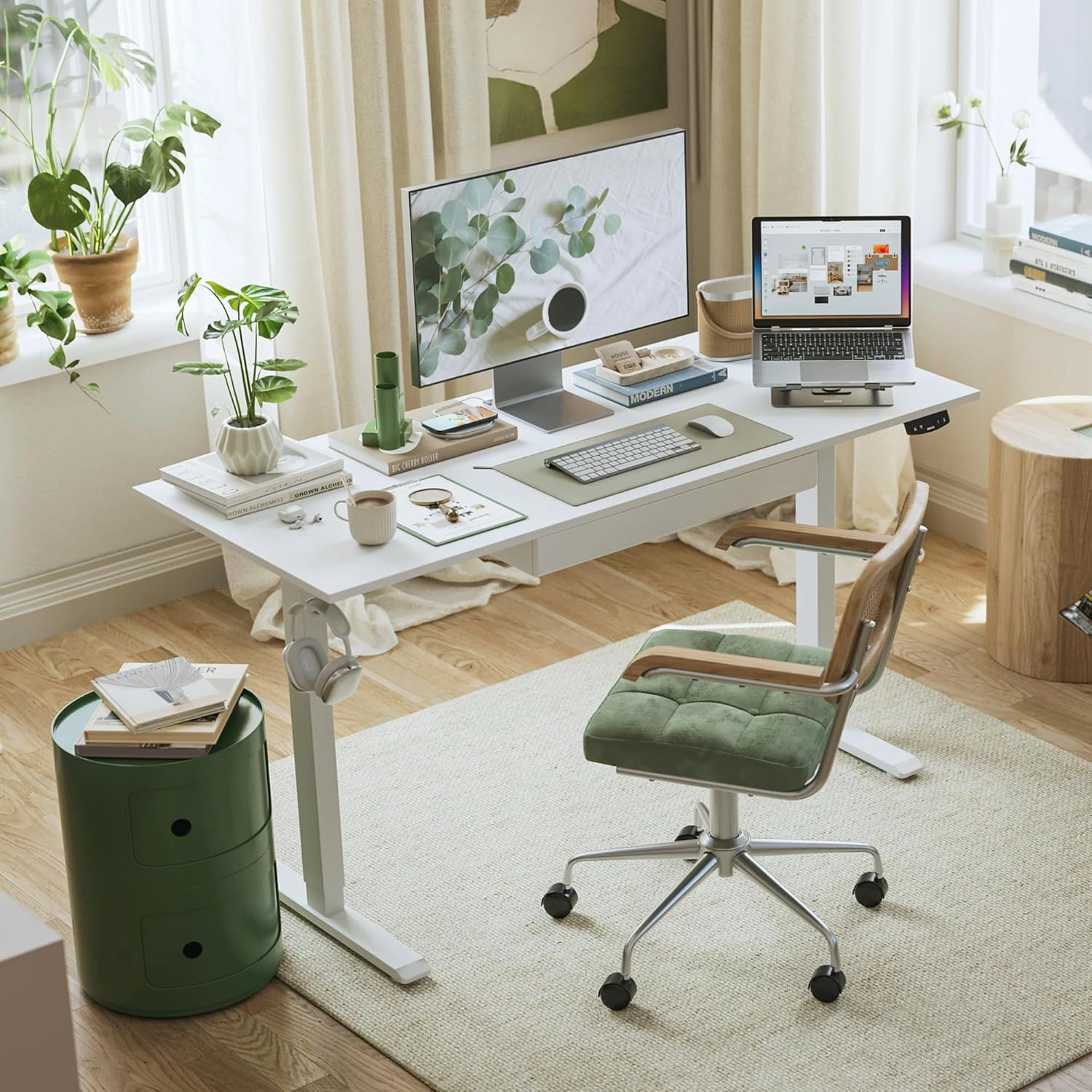 Agilestic Adjustable Height Electric Standing Desk with Storage Wooden Drawer, 48 x 24 Inches Stand Up Home Office Computer Gaming Table with Splice Board for Work Office Home, White