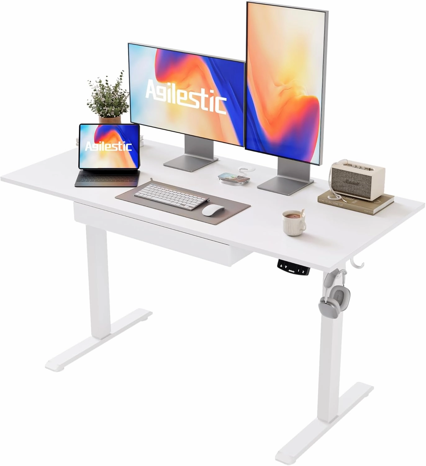 Agilestic Adjustable Height Electric Standing Desk with Storage Wooden Drawer, 48 x 24 Inches Stand Up Home Office Computer Gaming Table with Splice Board for Work Office Home, White