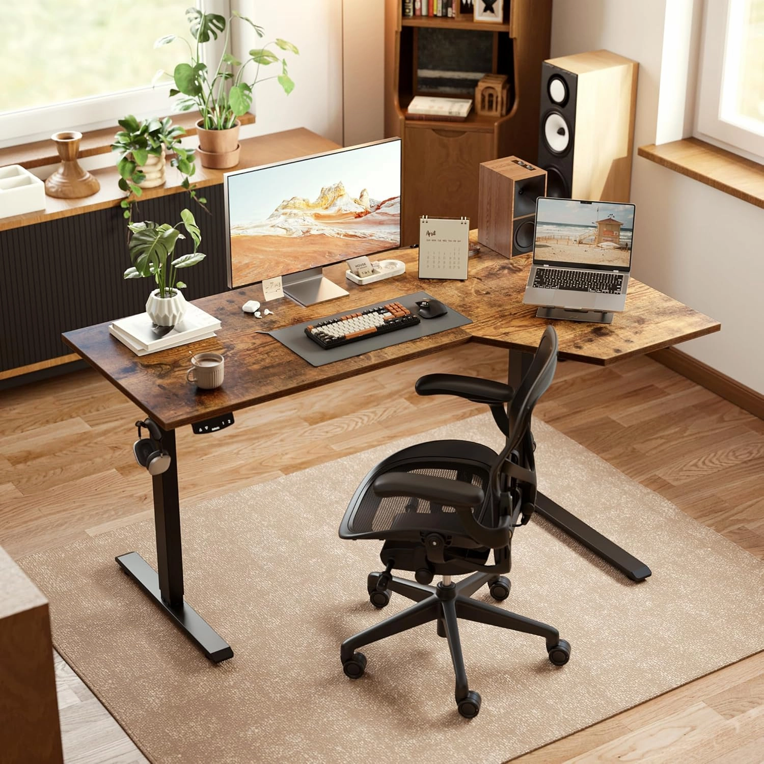 Agilestic Electric L-Shaped Standing Desk, 55 Inches Height Adjustable, Sit and Stand Up for Work Office Home, Ergonomic Rising Computer Table With Splice Board, Rustic Brown