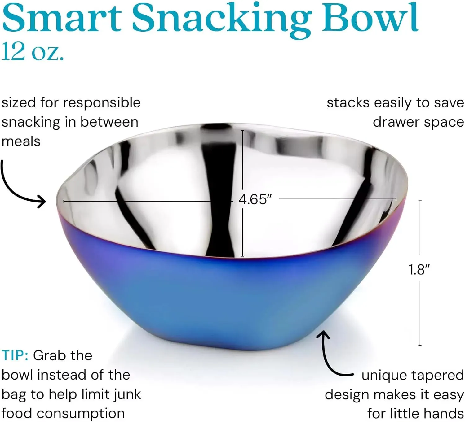 Ahimsa Stainless Steel Bowls for Kids - Pediatrician Designed, 12oz Toddler Bowl, Non Toxic Stainless Steel Snack Bowls Set, Non Plastic Kids Bowl, Dishwasher Safe (Set of 4 Blue)