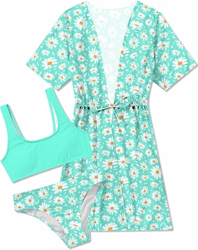 AIDEAONE Girls 3 Piece Bikini Swimsuit Set Cute Bathing Suit with Quick Dry Swimwear with Coverups 5-12T